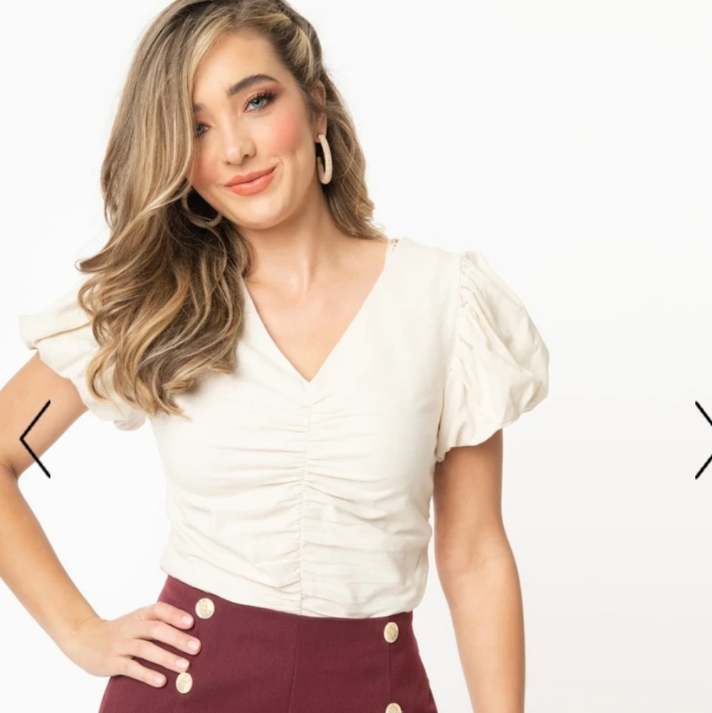 Cream Shirred Puff Sleeve Cotton Crop Top